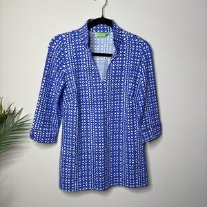 Katherine Way Tunic Top Blue Geo Pattern